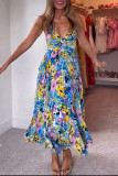 Print Pleated V Neck Sling Maxi Dress GSNU-8087