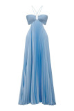 Solid Color Press Pleated Halterneck Maxi Dress GSNU-8135