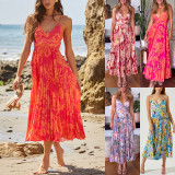 Print Pleated V Neck Sling Maxi Dress GSNU-8087