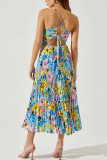 Print Pleated V Neck Sling Maxi Dress GSNU-8087