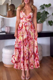 Print Pleated V Neck Sling Maxi Dress GSNU-8087