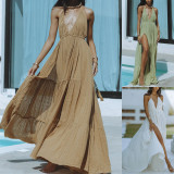 Backless V Neck Tie Up Split Maxi Dress GSNU-8049