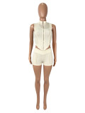 Lapel Sleeveless Zipper Short 2 Piece Set SHD-9780