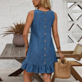 Sleeveless Single-breasted Denim Midi Dress GDAM-218587