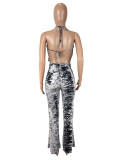 Sexy Print Backless Mesh Two Piece Pants Set SHD-9778