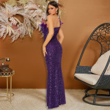 Feather Patchwork Sequin Tube Top Dress CYA-901498