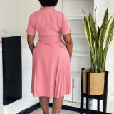 Plus Size V Neck Press Pleated Midi Dress GATE-584