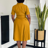 Plus Size V Neck Press Pleated Midi Dress GATE-584