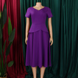 Plus Size Solid Color V Neck Midi Dress GMLF-3330