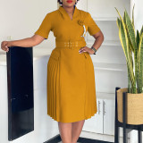 Plus Size V Neck Press Pleated Midi Dress GATE-584
