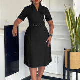 Plus Size V Neck Press Pleated Midi Dress GATE-584