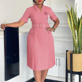 Plus Size V Neck Press Pleated Midi Dress GATE-584