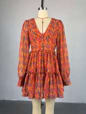 Print V Neck Long Sleeve Mini Dress GMSF-SU9138