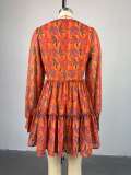 Print V Neck Long Sleeve Mini Dress GMSF-SU9138