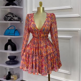 Print V Neck Long Sleeve Mini Dress GMSF-SU9138