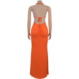 Knit Halterneck Backless Solid Color Maxi Dress BY-7407