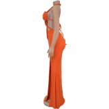 Knit Halterneck Backless Solid Color Maxi Dress BY-7407