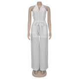 Solid Color V Neck Backless Jumpsuit BY-7368