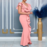 Solid Color V Neck Ruffles Fishtail Dress GCZF-8634