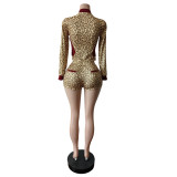 Long Sleeve Leopard Print 2 Piece Shorts Set MEM-88651