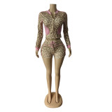 Long Sleeve Leopard Print 2 Piece Shorts Set MEM-88651