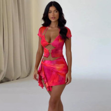 Print Tie Up Irregular Skirt 2 Piece Set SHD-9787
