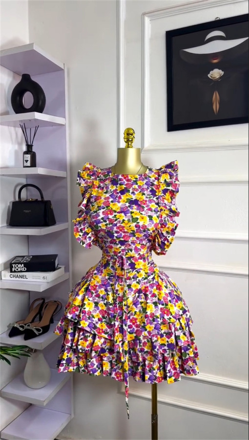 Print Ruffles O Neck Mini Dress GMSF-9255