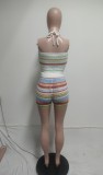 Colorful Stripe Backless Tops Shorts Sweater Suit QXTF-83045