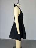 V Neck Halterneck Bow Backless Mini Dress GCNE-9234