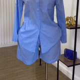 Solid Color Beaded Long Sleeve Shirt Shorts Set GCNE-72464
