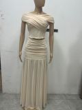 Solid Color One Neck Top Pleated Skirt 2 Piece Set GXIN-S-8832