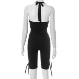 Halterneck Solid Color Tops Bow Pants Suit MXBF-J25ST089