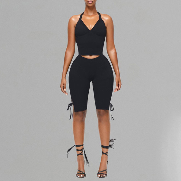 Halterneck Solid Color Tops Bow Pants Suit MXBF-J25ST089