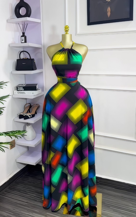 Sleeveless Color Block Print Maxi Dress GXIN-8847