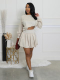 Long Sleeve Solid Color Pleated Mini Dress QYMF-3071
