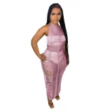 Solid Knitted Halter Hollow Out Maxi Dress TR-1150