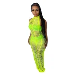 Solid Knitted Halter Hollow Out Maxi Dress TR-1150