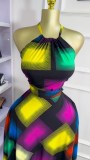 Sleeveless Color Block Print Maxi Dress GXIN-8847