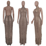 Solid Knitted Halter Hollow Out Maxi Dress TR-1150