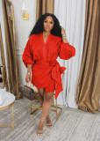 Solid Color Pleated V Neck Mini Dress QYMF-3058