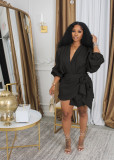 Solid Color Pleated V Neck Mini Dress QYMF-3058