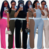Rib Contrast Color Short Sleeve Pants Suit QYMF-3152