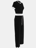 Rib Contrast Color Short Sleeve Pants Suit QYMF-3152