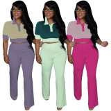 Color Block Short Sleeve Top Pants Suit QYMF-3148