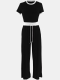 Rib Contrast Color Short Sleeve Pants Suit QYMF-3152