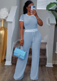 Rib Contrast Color Short Sleeve Pants Suit QYMF-3152
