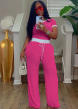 Rib Contrast Color Short Sleeve Pants Suit QYMF-3152