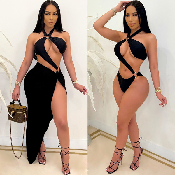 Sexy Solid Color Bikinis Long Skirt Swimsuit Set GCNF-0103