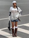 Print Lace See Through V Neck Sweatshirt YWXS-K25L162