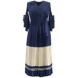 Long Sleeve Color Block Tie Up Maxi Dress GZRF-A232